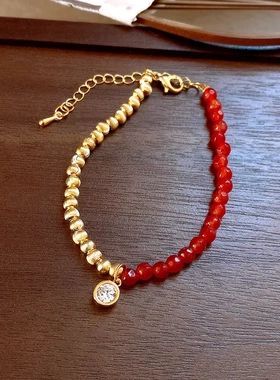 新年红色圆形锆石南瓜珠玛瑙手链本命年手串小众轻奢高级感手饰女