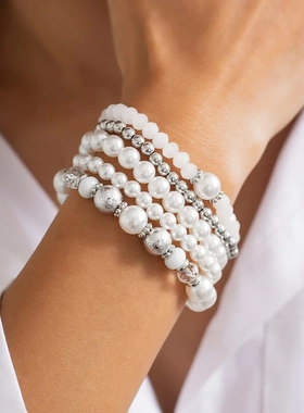 欧美饰品 巴异形珍珠串珠手链 法式复古不规则多层手串女