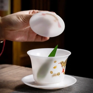 家用盖碗茶杯礼盒套装 羊脂玉冰种茶具功夫茶具套装 办公室泡茶器