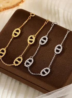 s925银简约ins风猪鼻子手链小众设计感日字几何型锁骨链潮