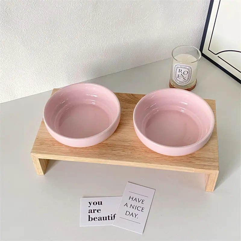 纯色猫碗防黑下巴猫食盆大口径陶瓷木架碗喂水碗防打翻宠物碗