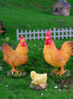 一套公鸡微景观树脂摆件 苔藓跨境装饰摆件DIY造景卡通母鸡小鸡仔