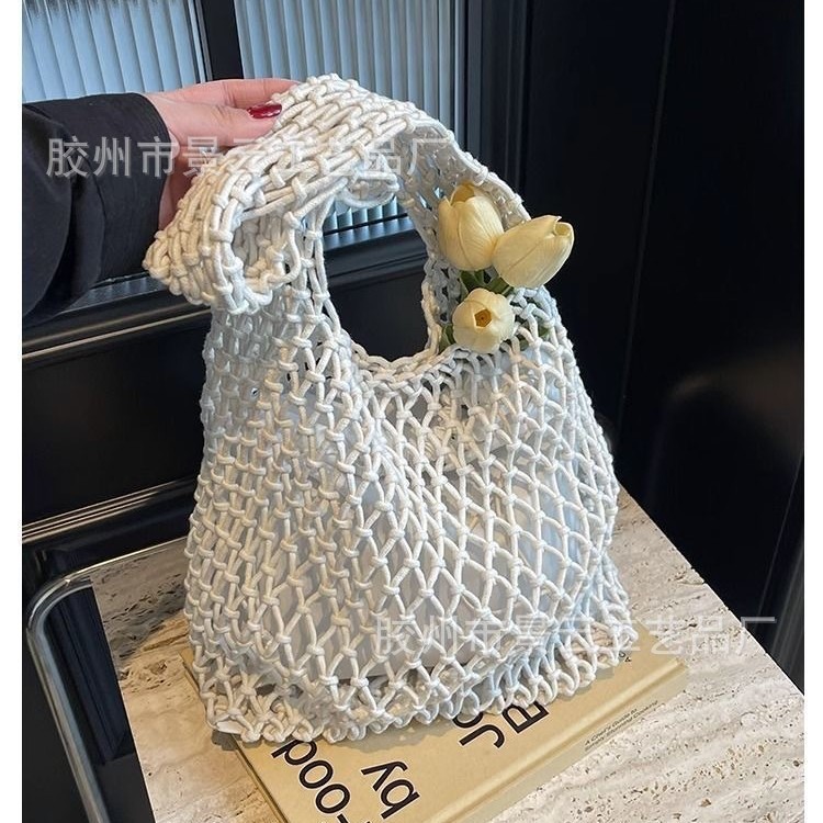 新款纯色手工编织包韩系ins镂空网兜大容量单肩包时尚百搭腋下包