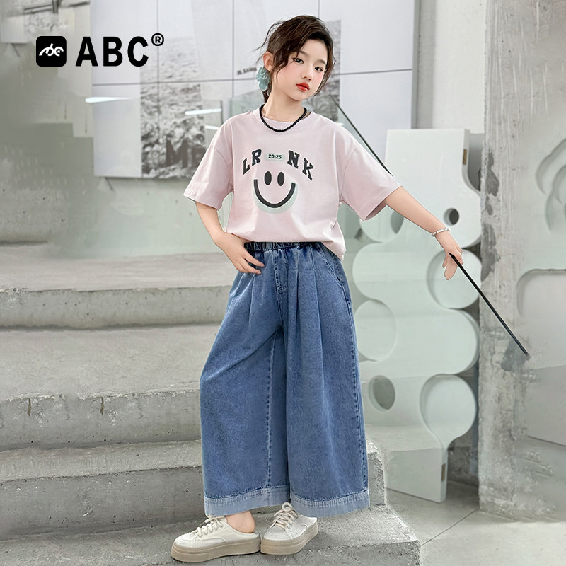 ABC女童夏季套装2026新款女孩洋气童装儿童笑脸短袖牛仔裤两件套