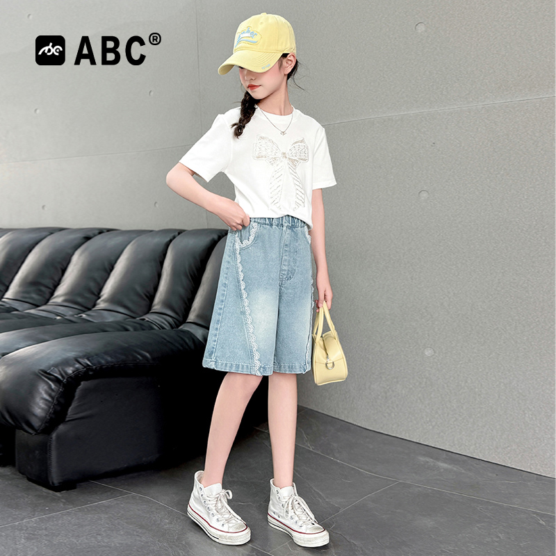 ABC女童夏季套装蝴蝶结短袖花边
