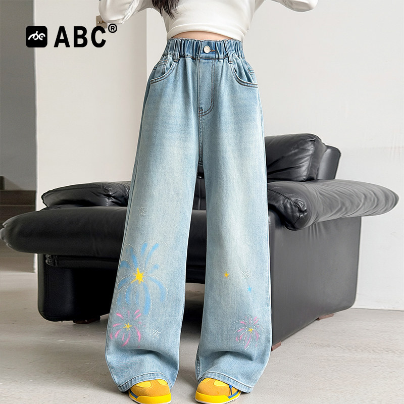 ABC女童春秋烟花彩绘牛仔阔腿裤