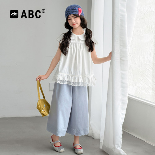 ABC女童夏季娃娃领花边两件套