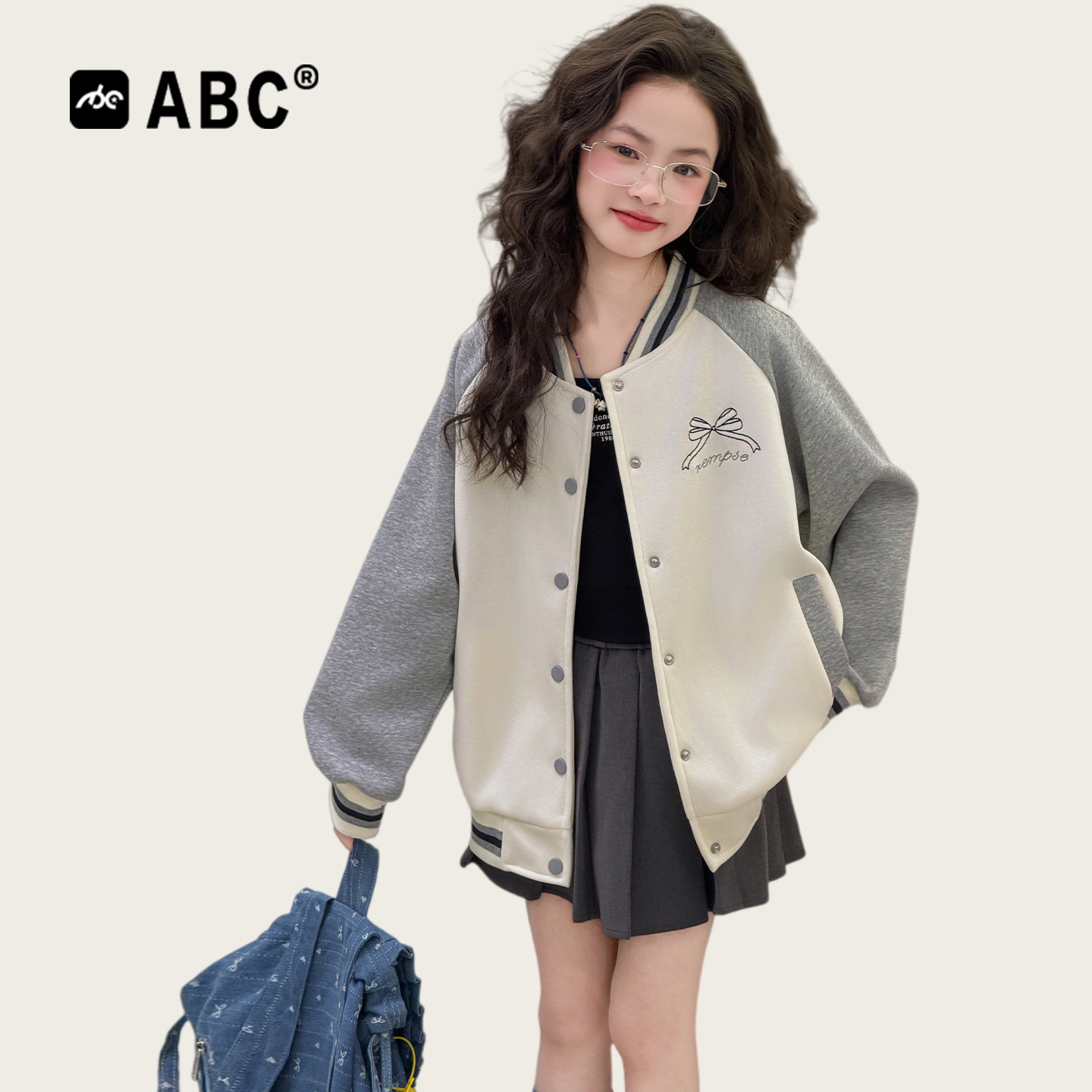 ABC女童春秋拼色棒球外套新款