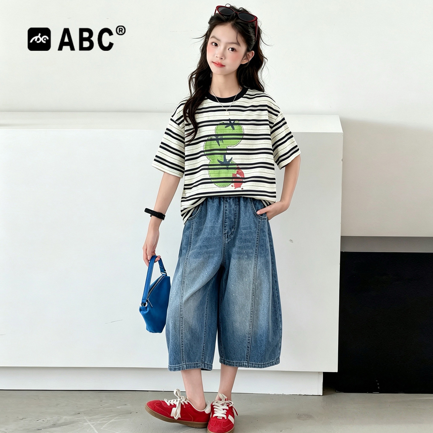 ABC女童夏季条纹牛仔两件套