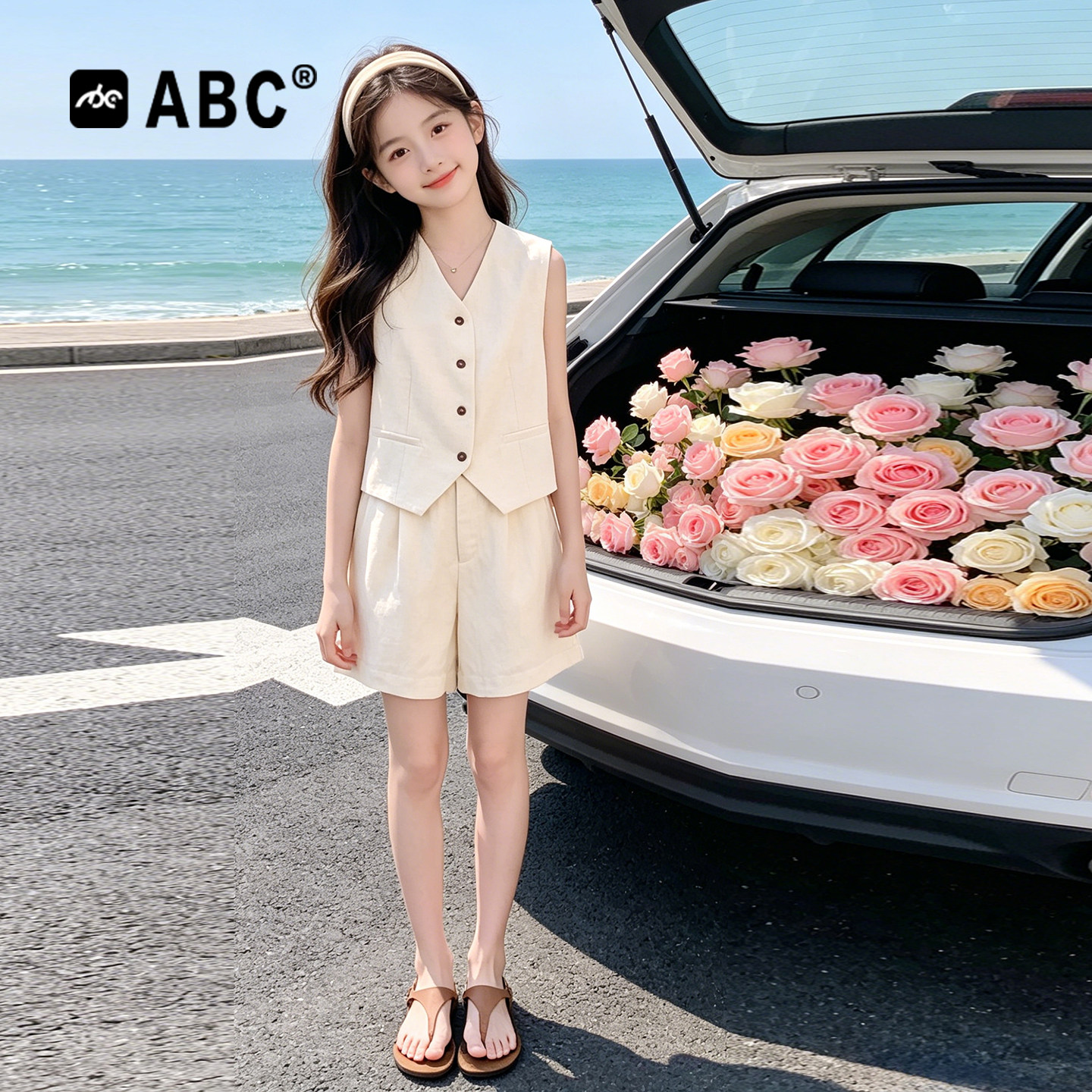 ABC女童老钱风无袖短裤两件套