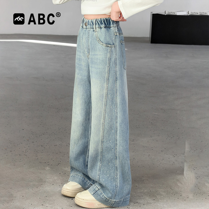 ABC女童春秋牛仔裤2026新款儿童烫钻阔腿裤女孩裤子中大童休闲裤,童装/婴儿装/亲子装,裤子,淘宝优惠券,粉丝福利购,淘宝优惠卷