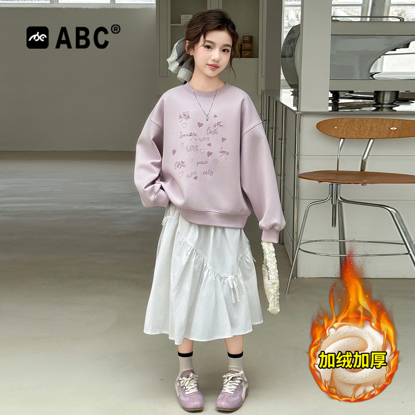 ABC女童加绒卫衣冬装中大童时髦保暖上衣女孩韩版卡通印花打底衫
