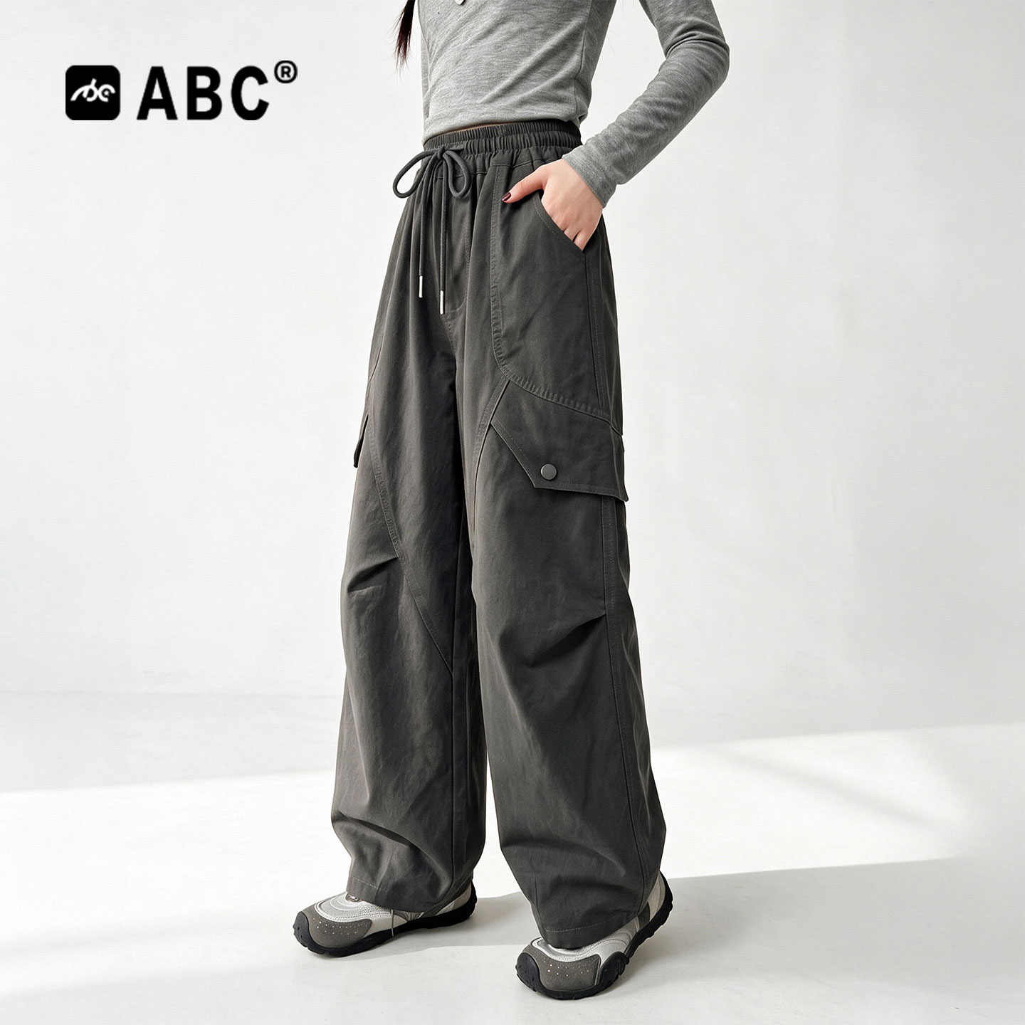 ABC女童工装裤秋装2026美式儿童弯刀裤中大童休闲阔腿裤子