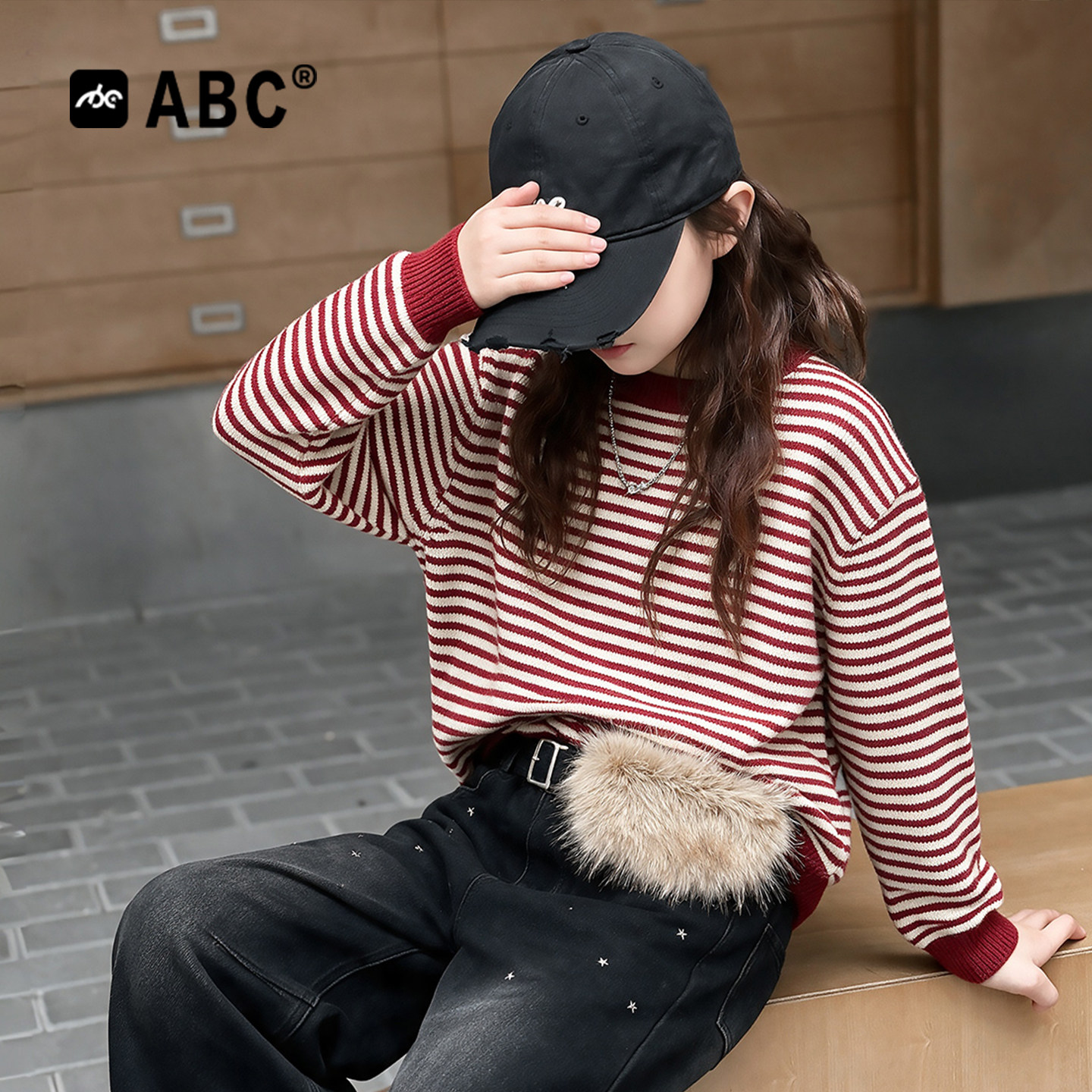 ABC女童秋装毛衣新款时髦儿童上衣内搭条纹打底衫外穿女孩衣服