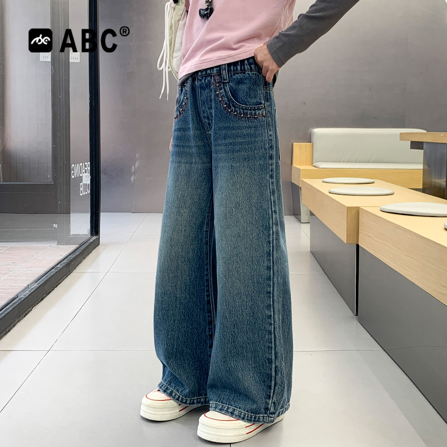 ABC女童春秋宽松直筒牛仔裤