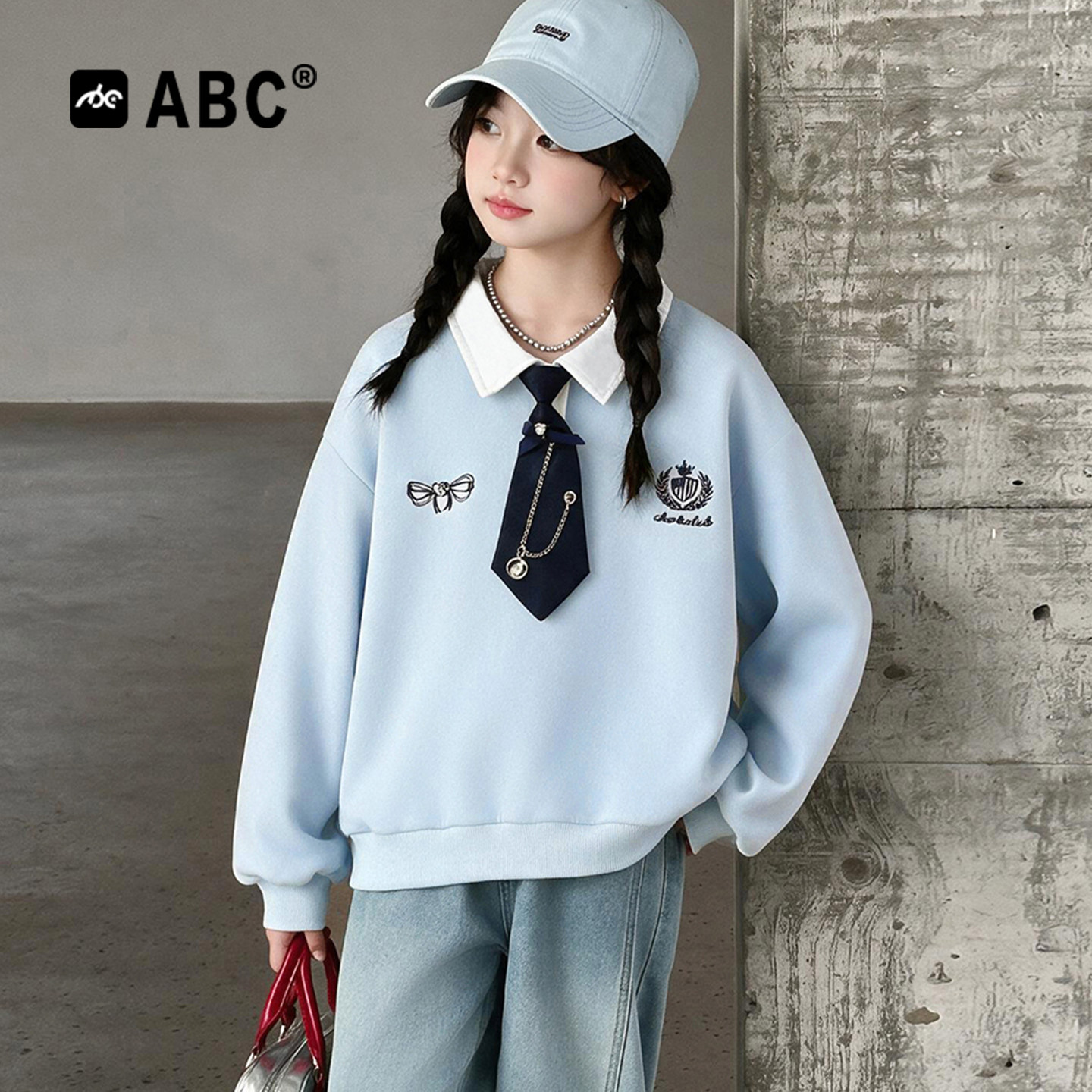 ABC女童春秋学院风领带刺绣卫衣