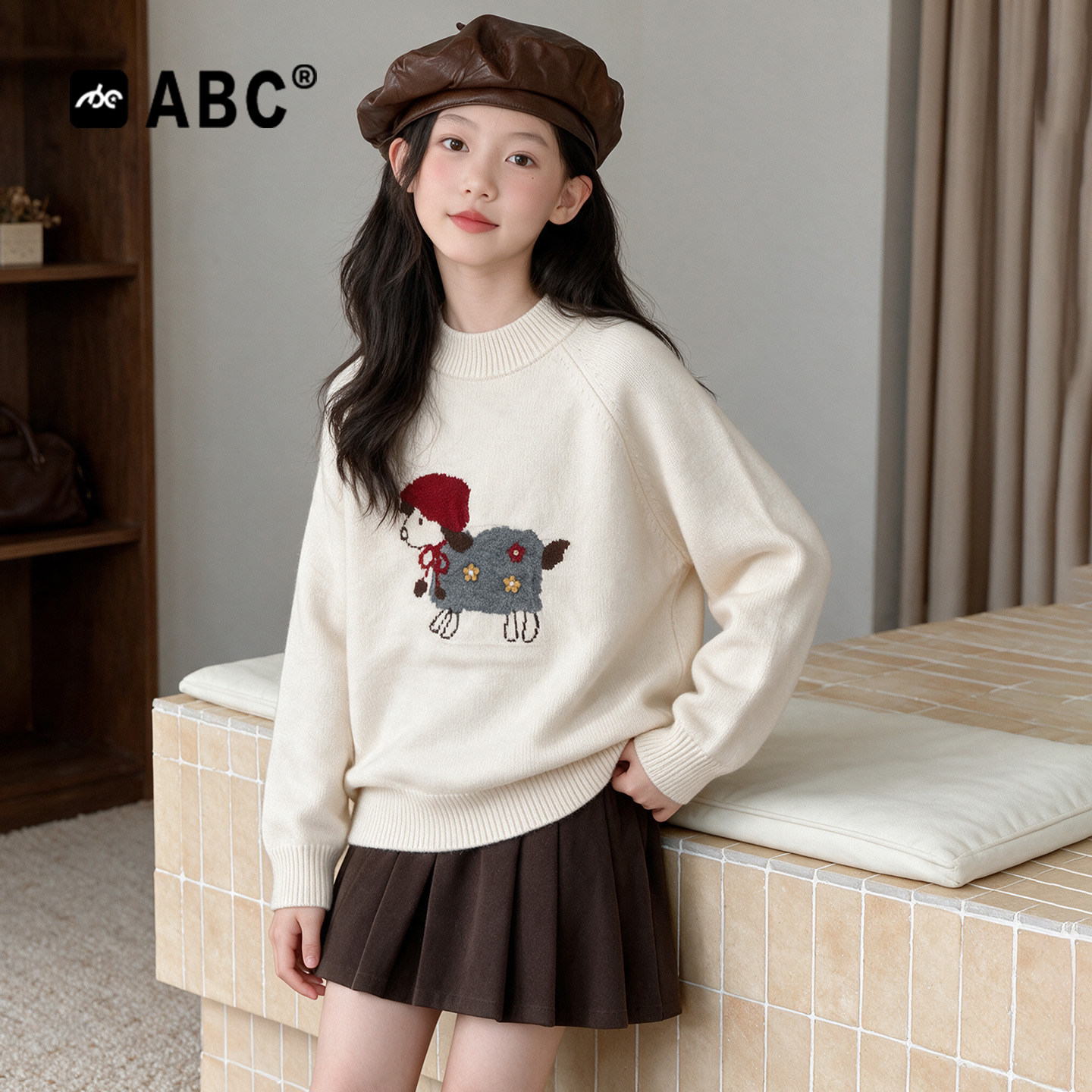 ABC女童毛衣秋冬装2026新款儿童超好看卡通提花针织衫圆领上衣潮