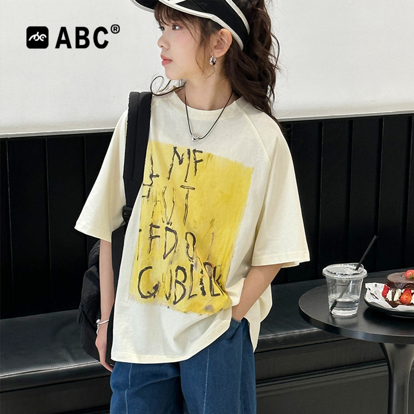 ABC女童夏季黄块字母短袖T恤