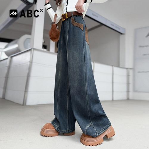ABC女童裤子春秋2026新款中大童女孩时髦牛仔直筒裤儿童阔腿裤C