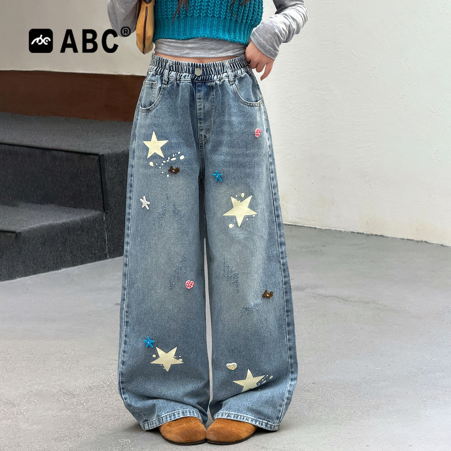 ABC女童春秋新款星星直筒牛仔裤