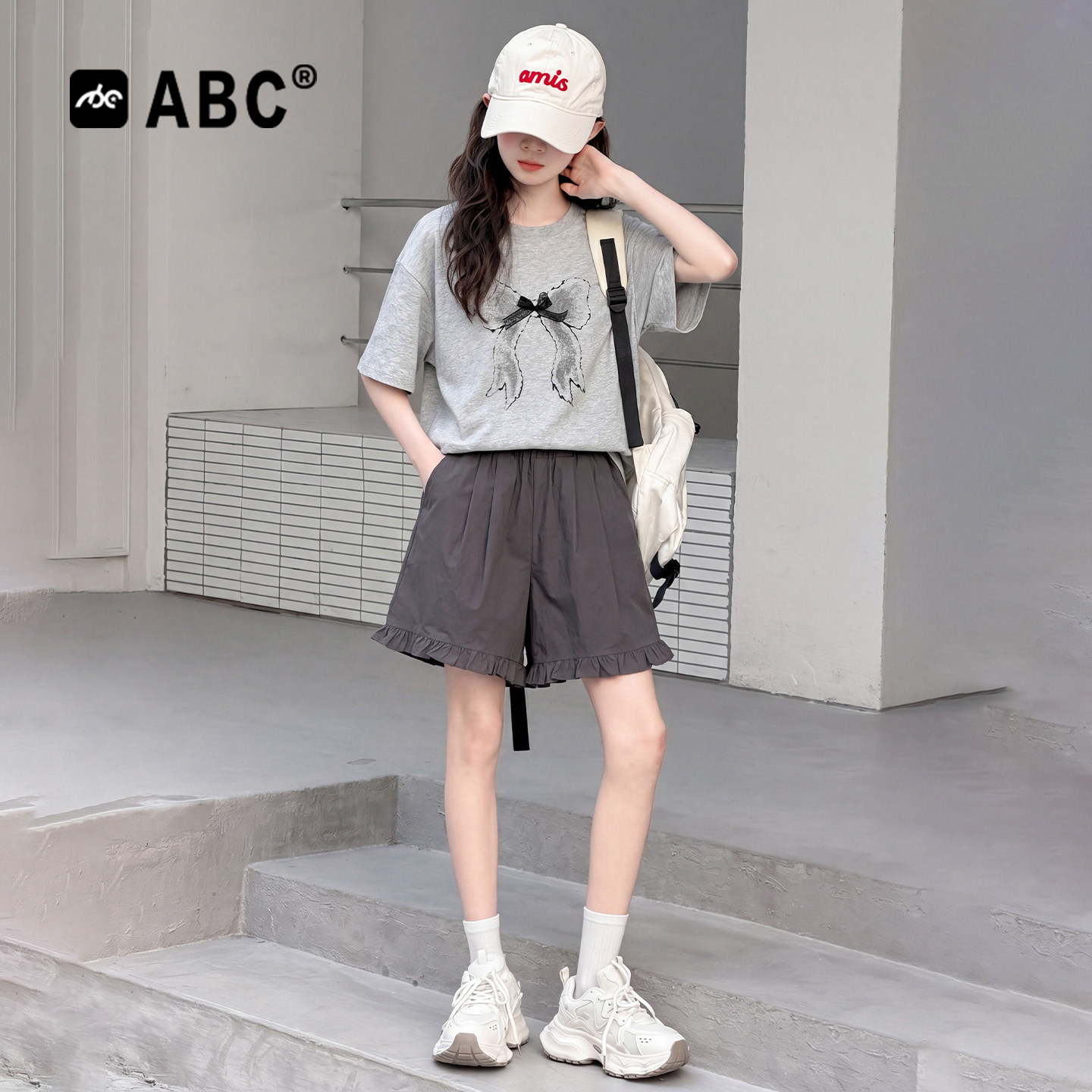 ABC女童夏季套装2026新款女孩蝴蝶结印花短袖短裤儿童韩系两件套