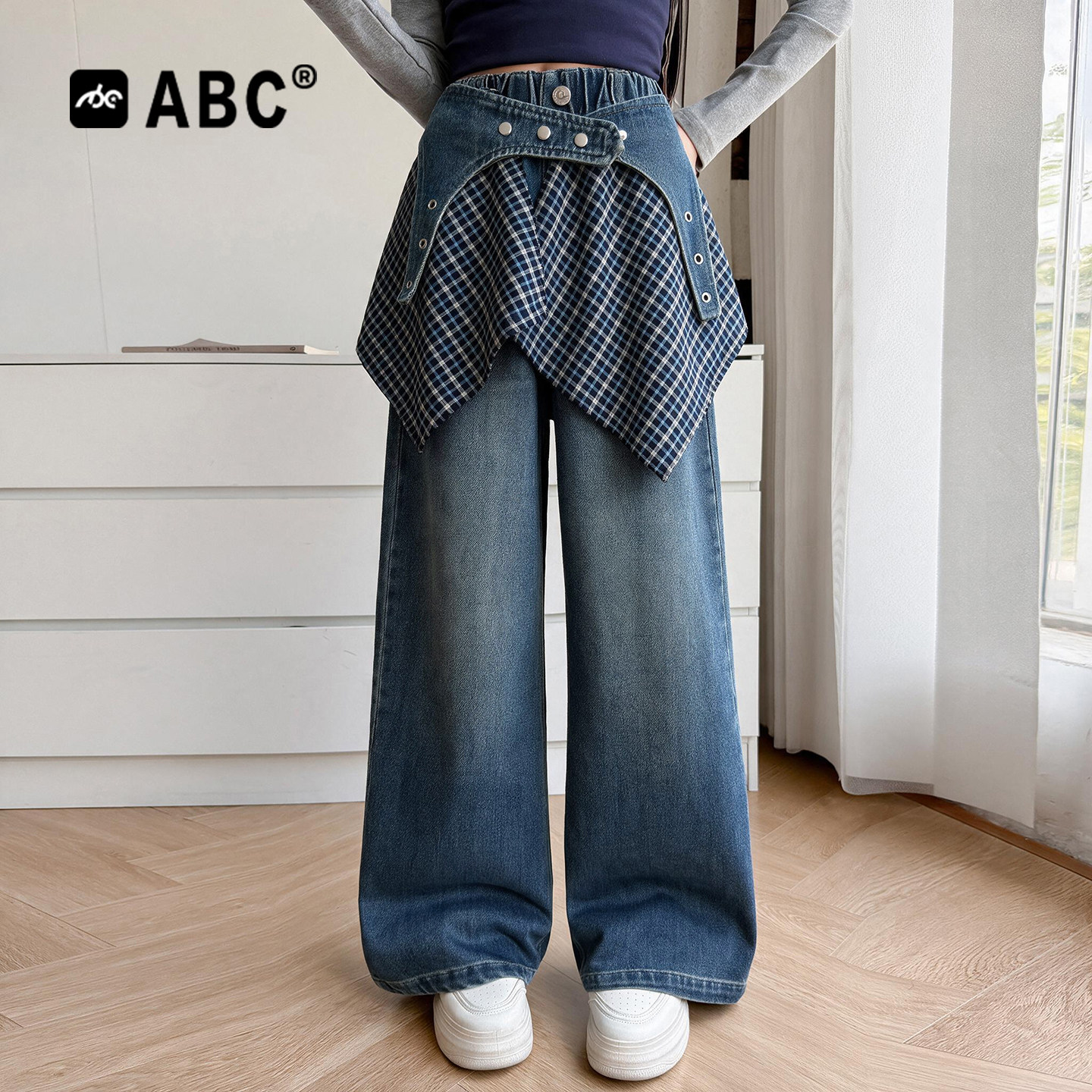 ABC女童春秋格子阔腿牛仔裤图片