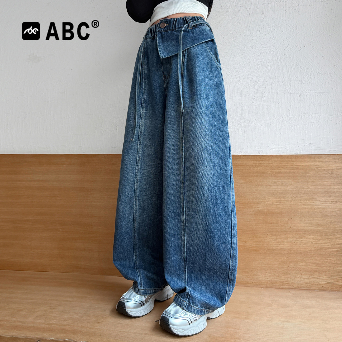 ABC女童春秋设计感弯刀阔腿牛仔