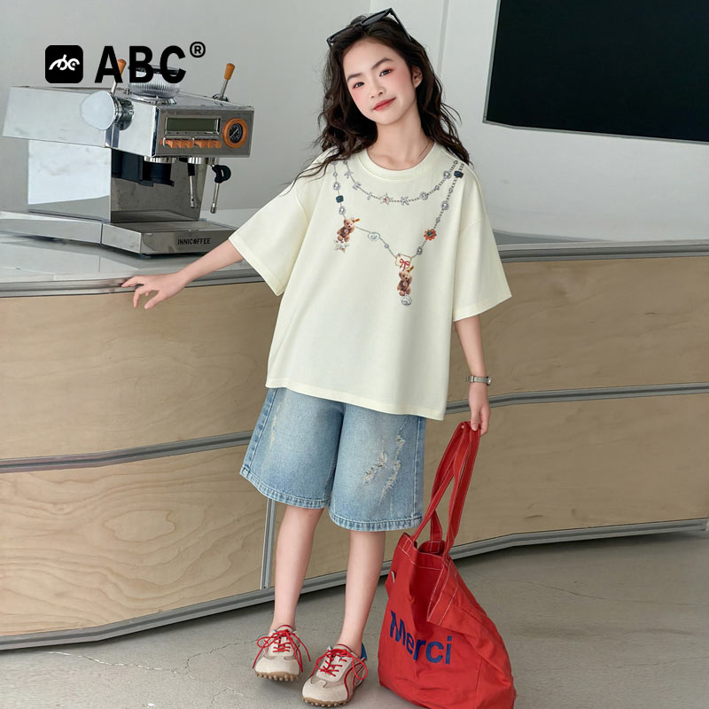ABC女童夏季熊T恤牛仔短裤套装
