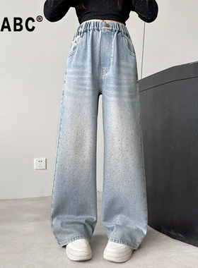 ABC女童春秋直筒裤2026新款儿童韩版满天星阔腿裤女孩百搭牛仔裤