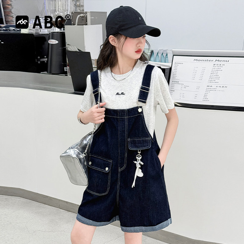 ABC女童夏季两件套2026新款女孩时髦洋气童装儿童牛仔背带裤套装