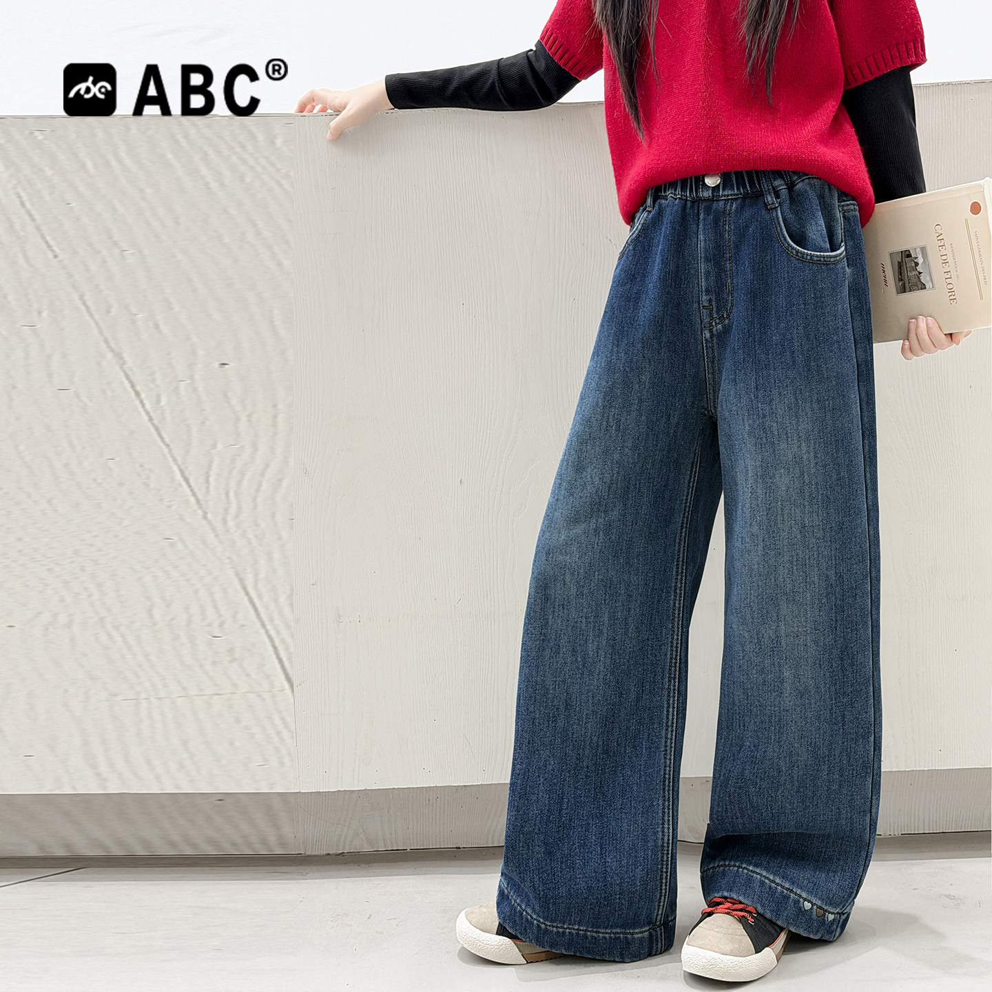 ABC女童加绒牛仔裤秋冬2026新款儿童阔腿裤中大童冬季直筒长裤子