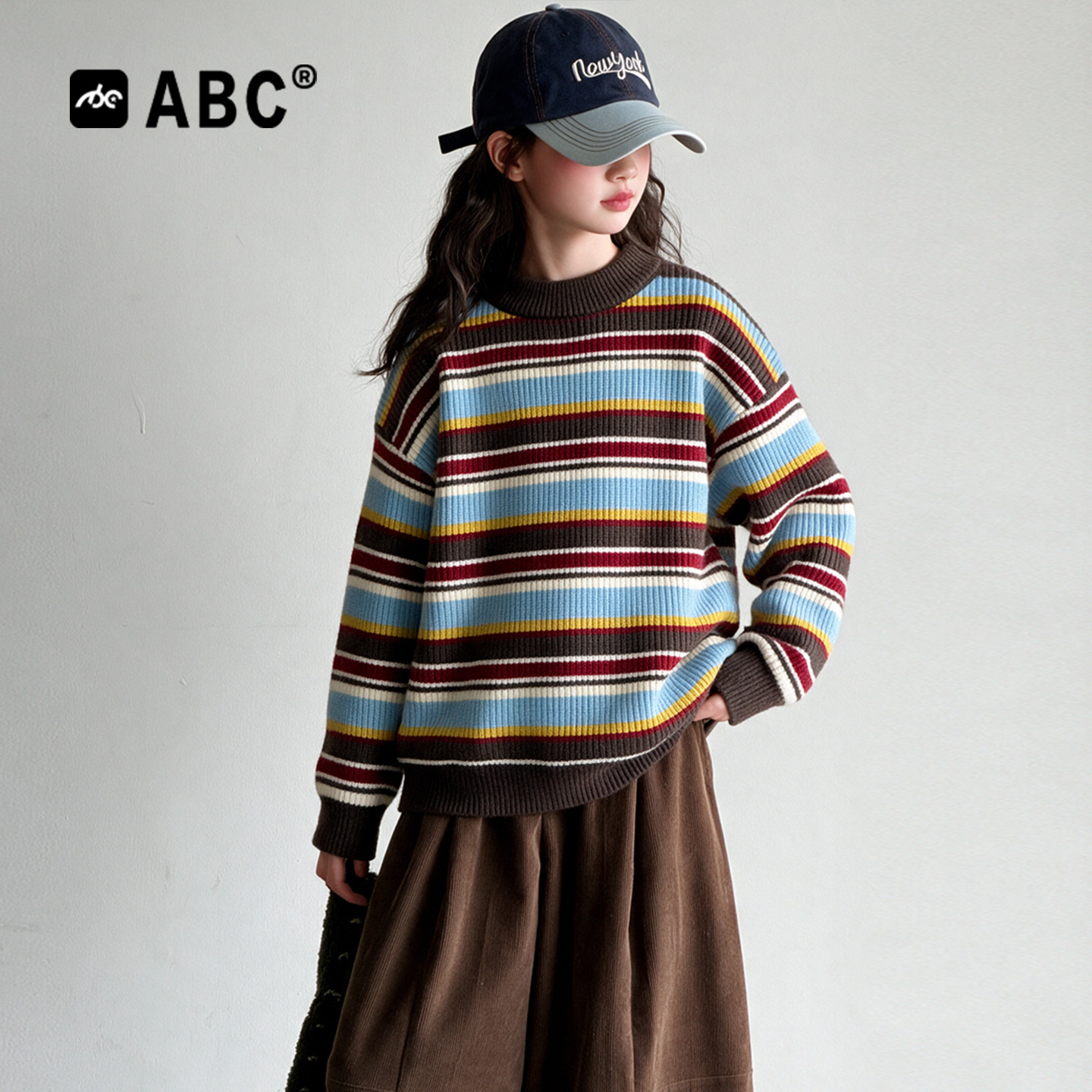 ABC女童毛衣秋冬2026新款儿童韩系彩条针织衫女孩大童好看毛线衣