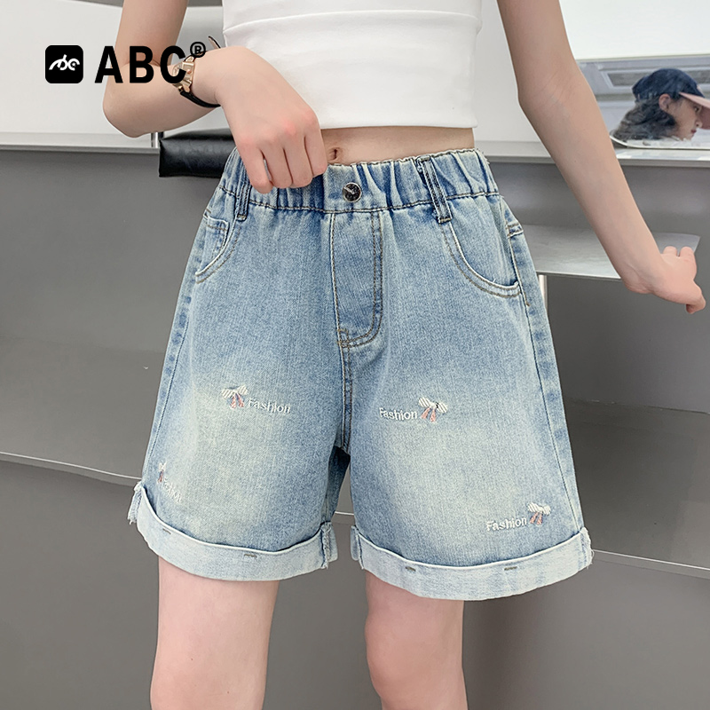 ABC女童夏季牛仔短裤儿童新款蝴蝶绣花五分裤女孩洋气薄款中裤潮