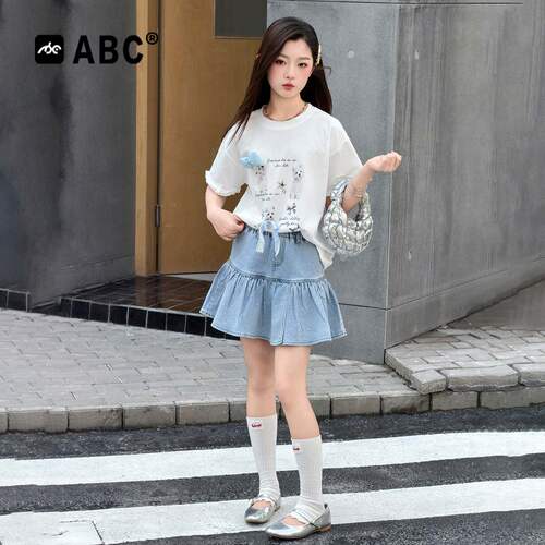 ABC女童夏季甜美蝴蝶结短袖T恤
