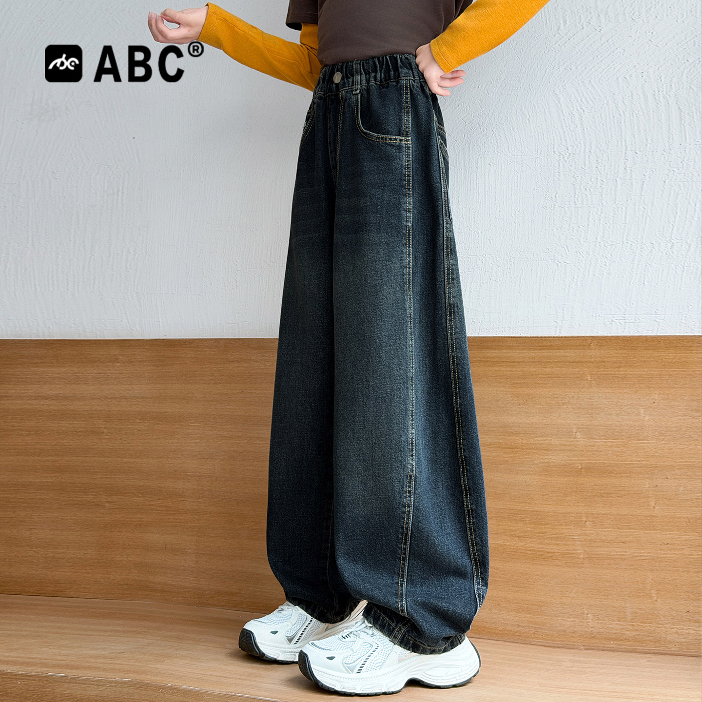 ABC女童笑脸牛仔裤春秋款儿童装休闲裤宽松大童女孩秋季弯刀裤子