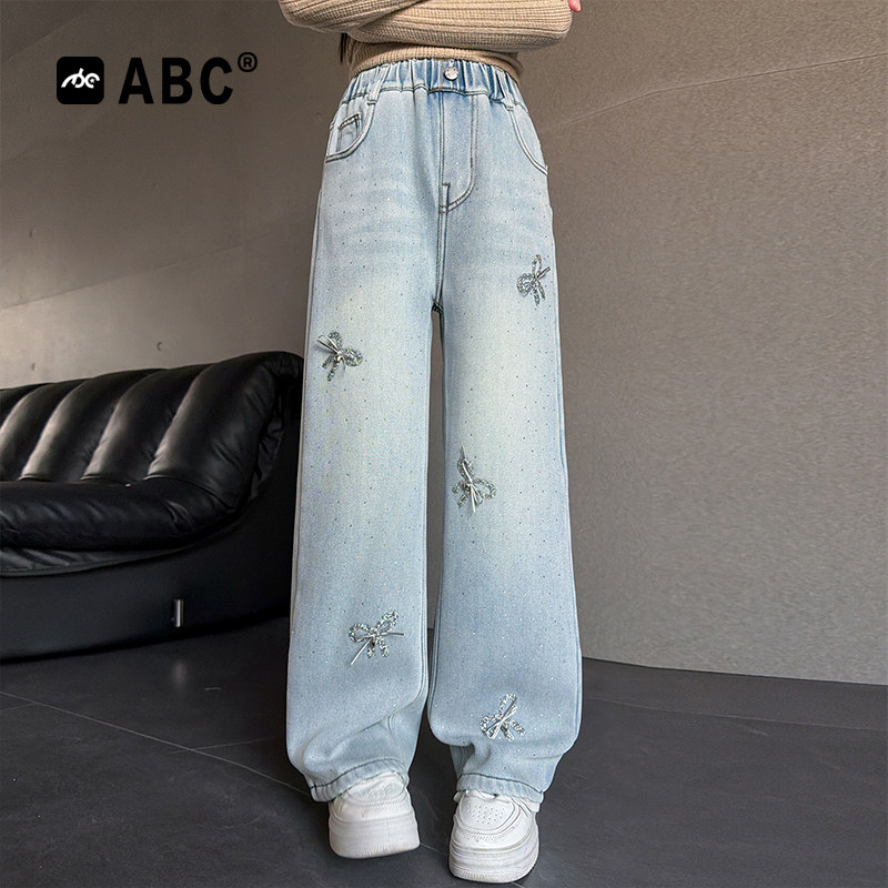 ABC女童烫钻蝴蝶牛仔裤新款