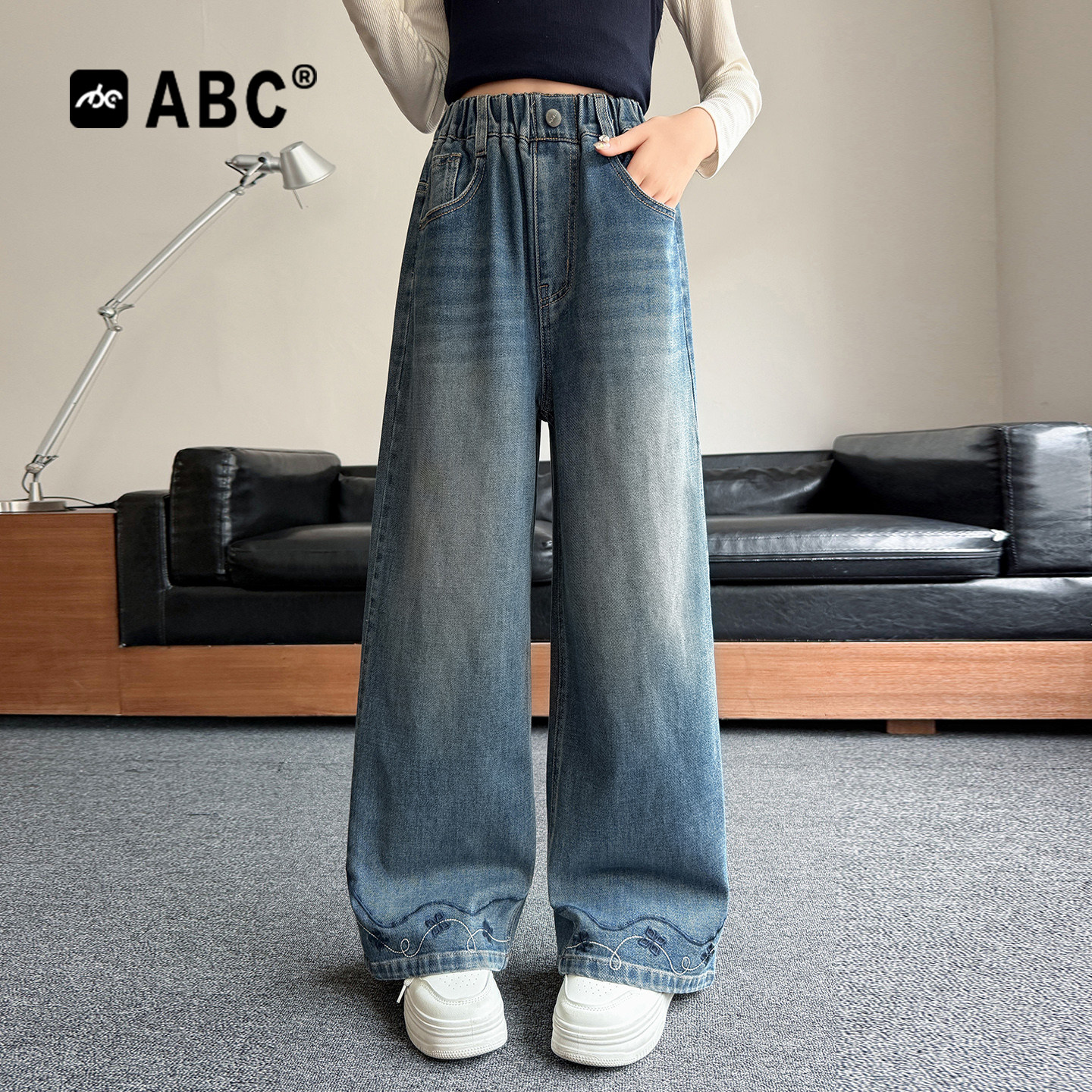 ABC女童四瓣花印花阔腿牛仔裤
