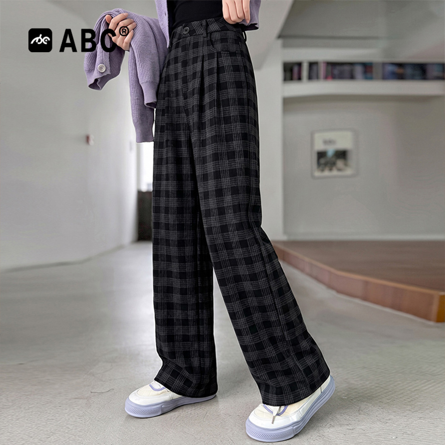 ABC女童春秋复古格子阔腿裤图片