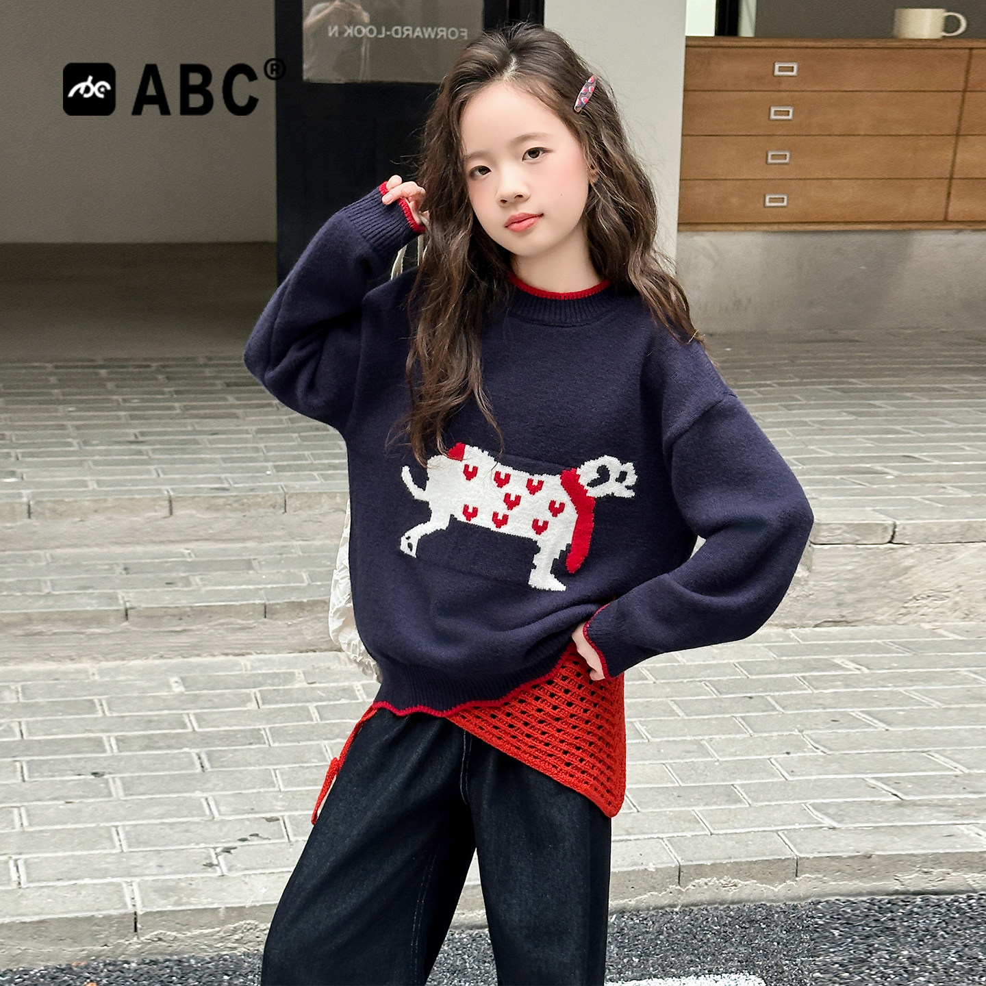 ABC女童毛衣2025秋装新款藏青毛衣中大童韩版宽松套头针织衫秋衣