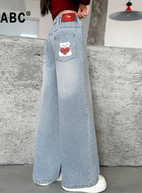ABC女童春秋直筒裤女孩口袋刺绣牛仔裤2026新款儿童韩系阔腿裤潮