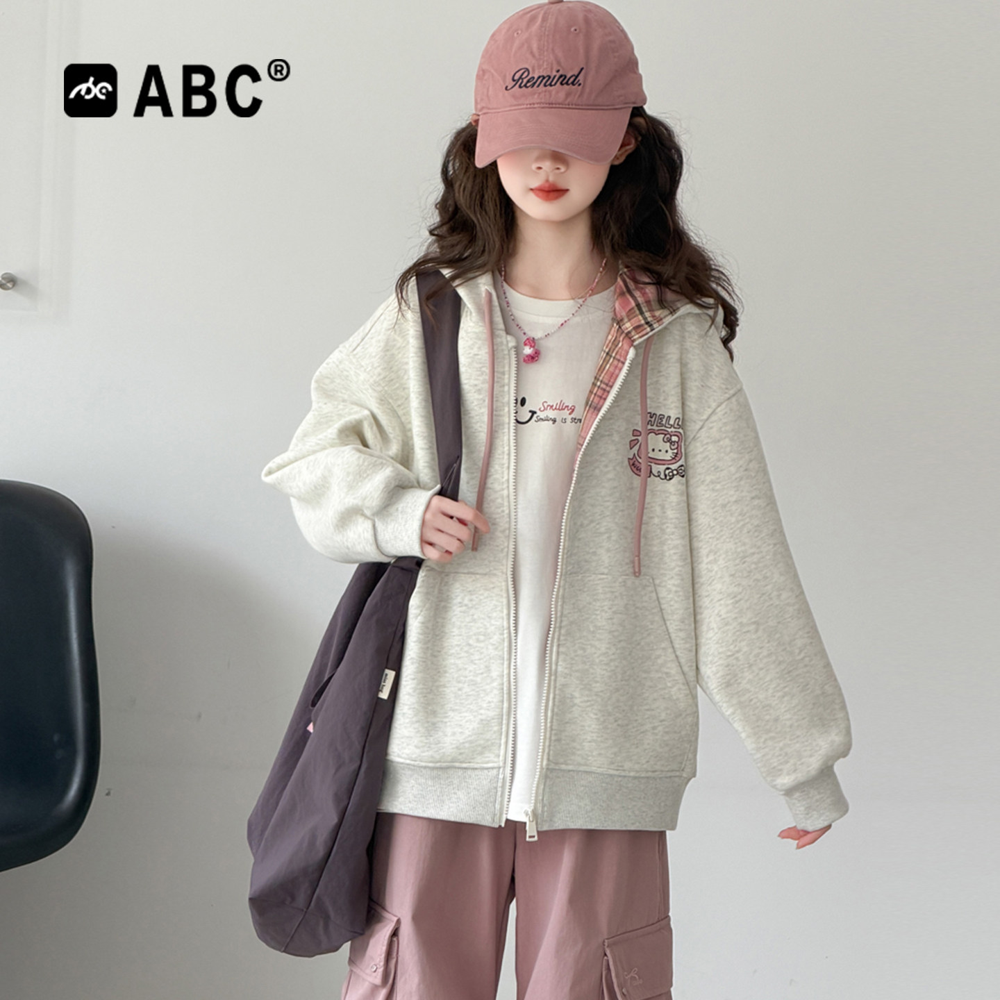 ABC女童春秋连帽撞色休闲外套图片