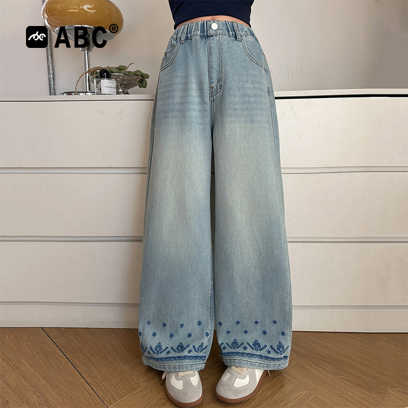 ABC女童春秋牛仔裤2026新款儿童花朵裤脚阔腿裤中大童休闲长裤潮,童装/婴儿装/亲子装,裤子,淘宝优惠券,粉丝福利购,淘宝优惠卷