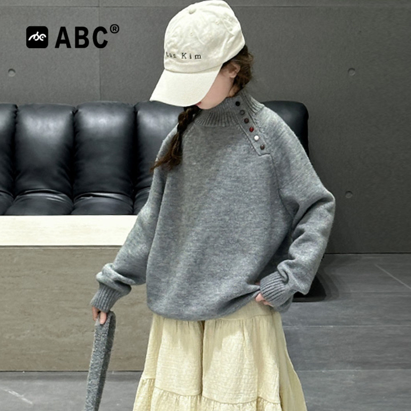 ABC女童毛衣2026新款洋气儿童加厚针织打底衫女孩半高领套头线衫