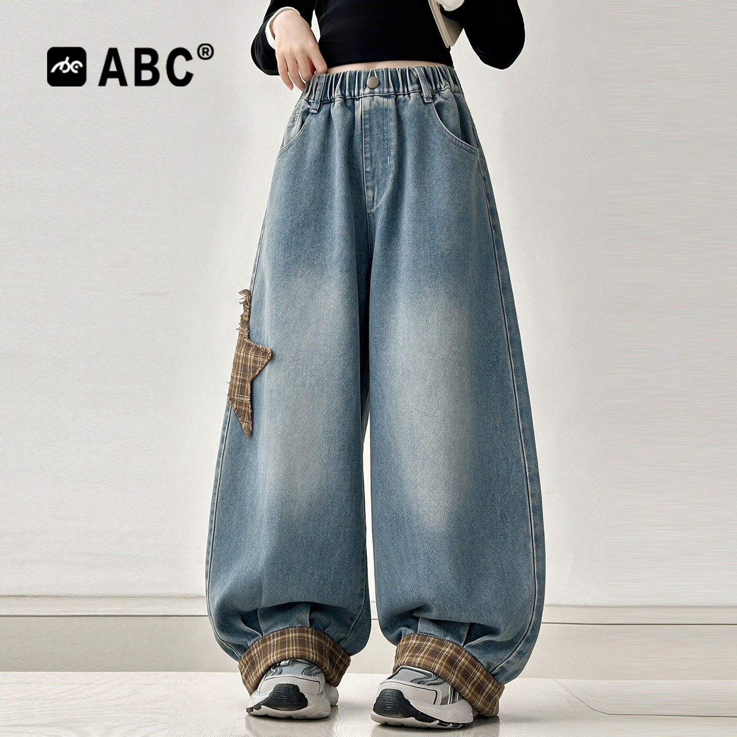 ABC女童秋装牛仔裤2026新款韩版时髦休闲裤女孩春秋宽松阔腿裤子