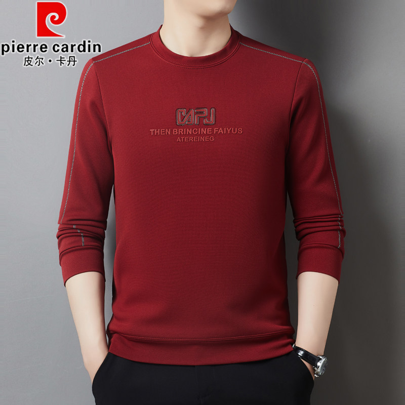 皮尔卡丹春秋季加绒圆领卫衣男士长袖t恤中老年本命年红色打底衫