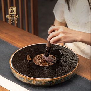 乌金石茶盘家用储水茶台简约功夫茶具托盘陶瓷干泡台圆形石头茶海