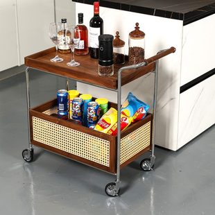 中古风黑胡桃木收纳小推车家用客厅沙发藤编置物架可移动实木边几