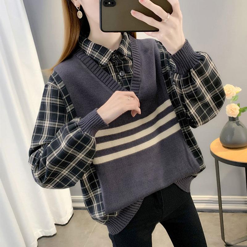 宽松显瘦2024年秋季新款针织衫内搭时尚女士衬衣领拼接假两件上衣