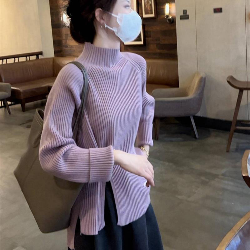 紫色坑条半高领针织衫毛衣女秋冬时尚气质下摆侧开叉收腰显瘦上衣