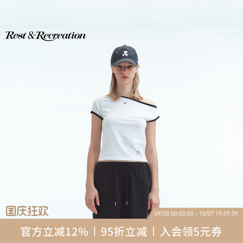 RR字母刺绣斜肩拼色短袖T恤女